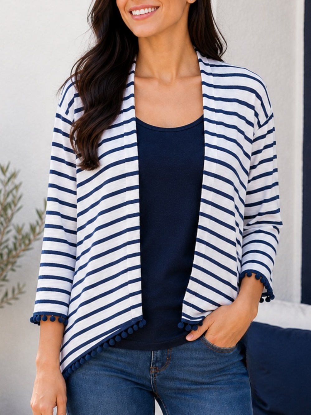 HEARTS OF PALM Coastal Striped Cardigan XL White Navy Blue Pom Pom Open Front